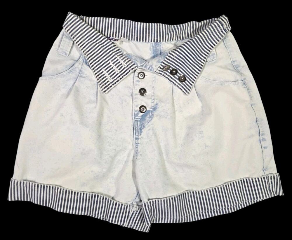 90s Acid Wash Denim Shorts Striped Fold Over Pleated Button Light Blue Juniors 9